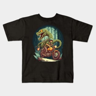 forest snake monster in desert with  friend riding motorcycle Kids T-Shirt